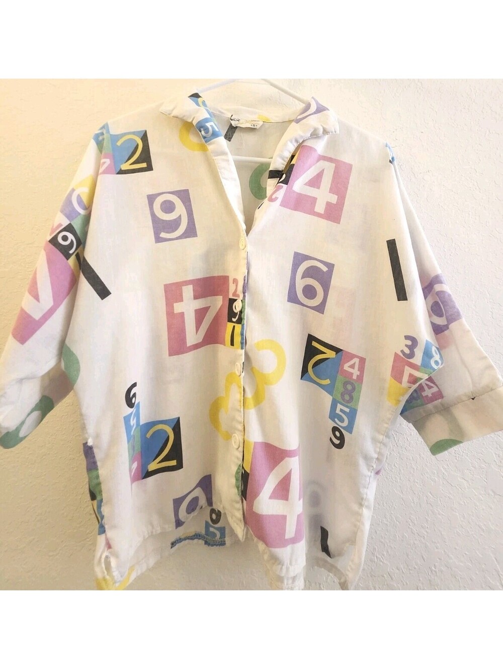 Vintage Women's White Button Up With Number Print Size Small 80s Fun Unique
